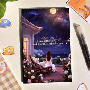 Aesthetic night sky notebook with girl and cat illustration on the cover.