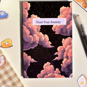 Aesthetic cloud notebook with ‘Trust Your Journey’ text on the cover.