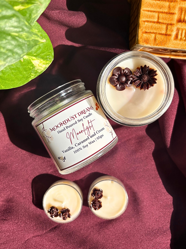 Moonlight vanilla scented candle for evening relaxation and self care