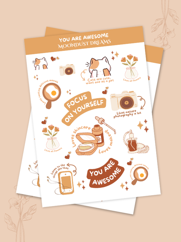 You Are Awesome self love sticker pack with positive affirmations and motivational designs for journals and planners