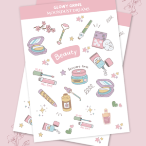 Glowy Grins beauty sticker pack with makeup and skincare illustrations for journals and planners