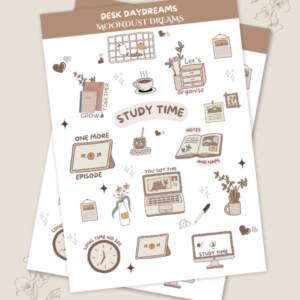 Desk Daydreams cute study sticker pack with books and stationery illustrations for journals and planners