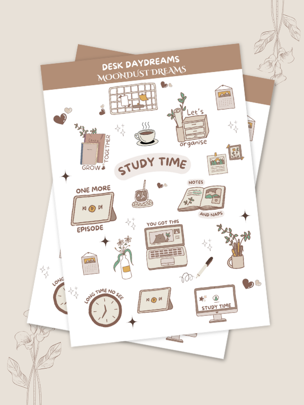Desk Daydreams cute study sticker pack with books and stationery illustrations for journals and planners