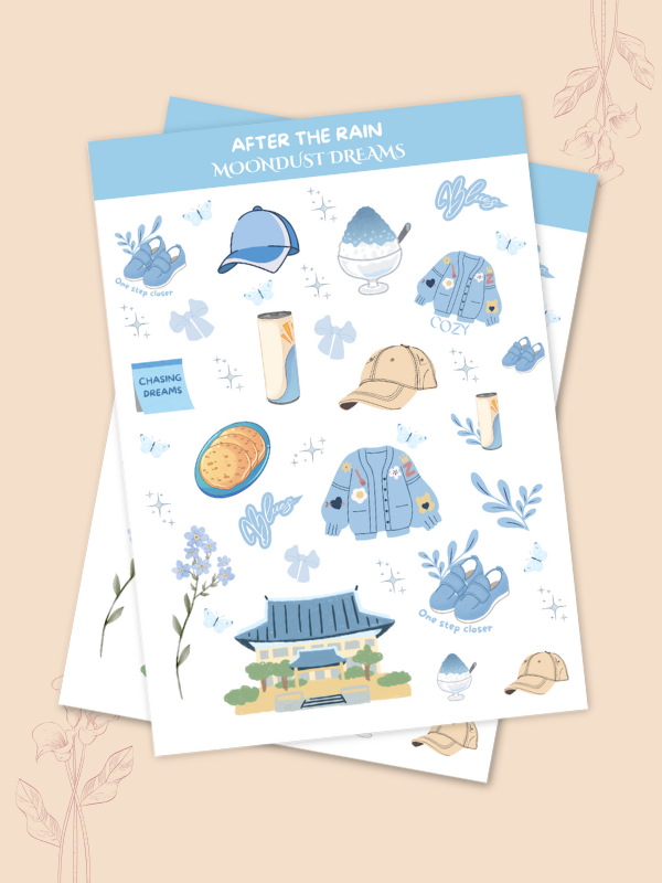 After the Rain blue aesthetic sticker pack with calm blue illustrations for journals and planners