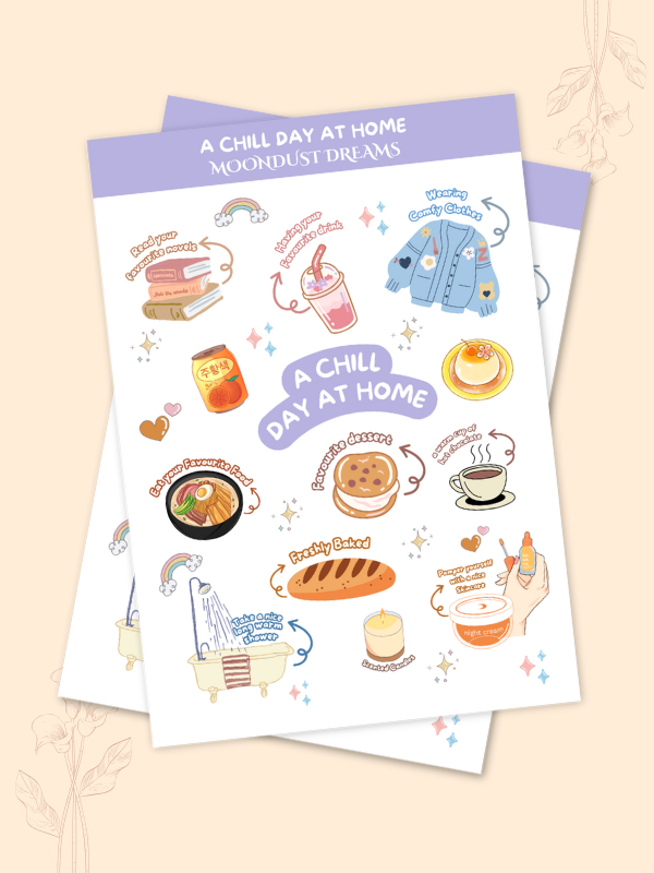 A Chill Day at Home cozy self-care themed sticker pack for journaling and planners