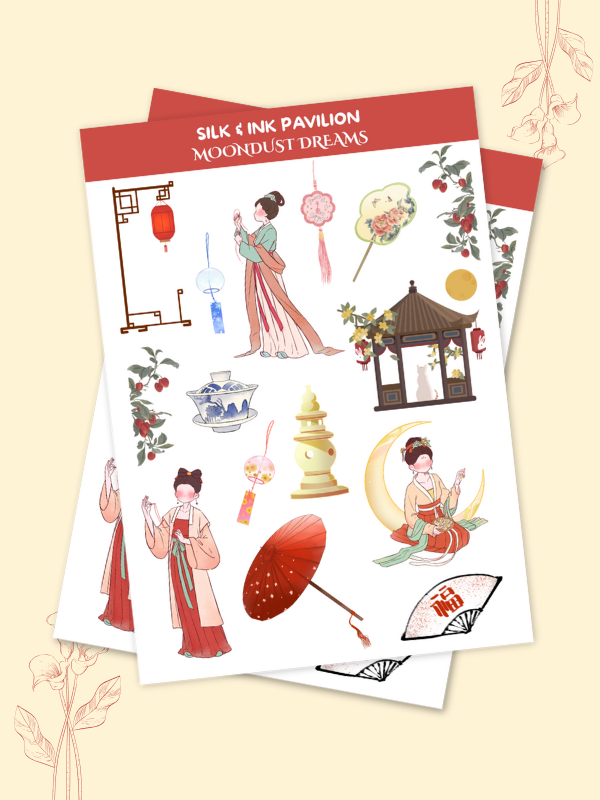 Silk & Ink Pavilion medieval Chinese inspired aesthetic sticker pack for journals and planners