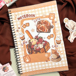 Cute Bear Spiral Notebook with a colorful, unique illustrated cover featuring a cute whimsical design, laying flat on a neutral surface — ideal for journaling, school notes, or creative planning.