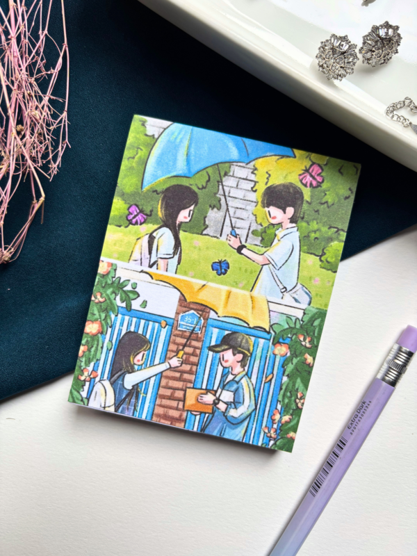 A7 Lovely Runner Korean drama tear-off memopad with illustrated kdrama cover art, placed on a warm aesthetic desk surface with soft lighting