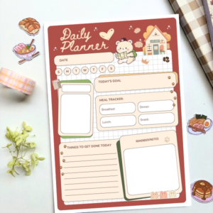 A5 daily planner with a terracotta cover featuring an illustrated bear and cottage design, including sections for date, goals, meal tracking, to-do list, and reminders.