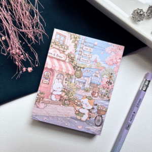 A7 memopad with a cute pastel bunny and town-themed illustrated cover.