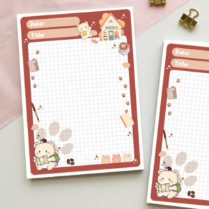 Grid notepad with a terracotta border featuring a bear reading, tiny mice, coffee cups, paw prints, and a cottage illustration, with Date and Title fields at the top.