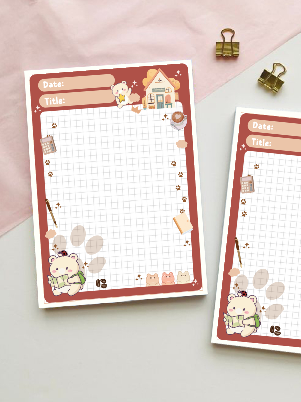 Grid notepad with a terracotta border featuring a bear reading, tiny mice, coffee cups, paw prints, and a cottage illustration, with Date and Title fields at the top.
