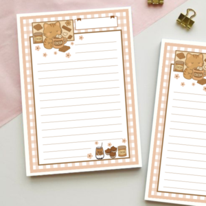 Lined notepad with a pink gingham border featuring a kitten holding a cocoa mug, chocolate bars, cocoa tin, iced coffee, and muffins, with a blank title label at the top.