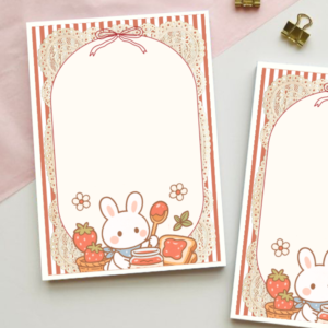 A6 notepad with a lace-bordered design featuring a cute bunny making strawberry jam toast, surrounded by strawberries and flowers, with a striped red border and bow.