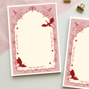Fantasy-themed notepad with a rose-red gothic arch border featuring dragons, crossed swords, and ornate filigree detailing, with a blank cream centre for writing.