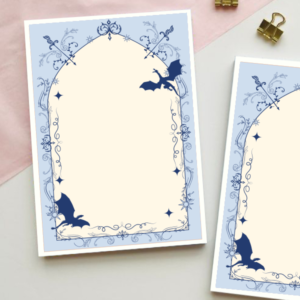 Fantasy-themed notepad with a rose-red gothic arch border featuring dragons, crossed swords, and ornate filigree detailing, with a blank cream centre for writing.