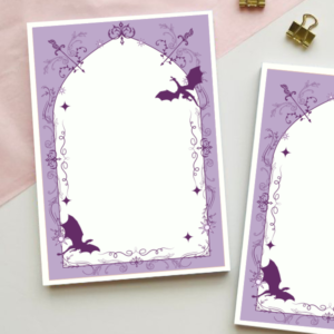 Fantasy-themed notepad with a rose-red gothic arch border featuring dragons, crossed swords, and ornate filigree detailing, with a blank cream centre for writing.