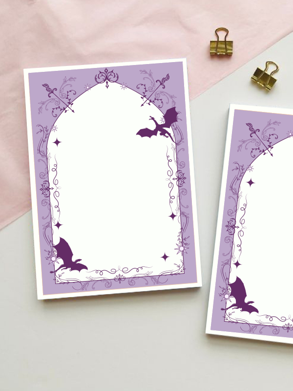Fantasy-themed notepad with a rose-red gothic arch border featuring dragons, crossed swords, and ornate filigree detailing, with a blank cream centre for writing.