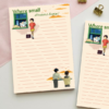 Lined notepad titled "Where small dreams begin!" featuring illustrated scenes inspired by Whisper of the Heart, including a girl by a window with a sleeping cat and two figures watching a sunset.
