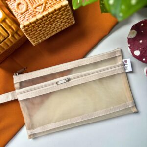 Minimalist neutral pouch with two chain details, everyday accessory pouch for makeup, stationery, or small essentials.