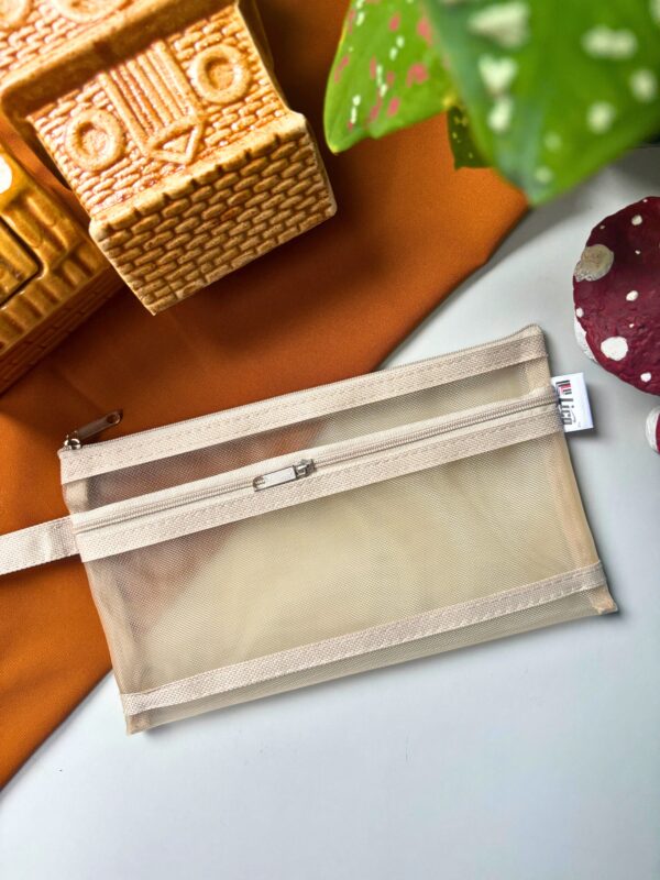 Minimalist neutral pouch with two chain details, everyday accessory pouch for makeup, stationery, or small essentials.