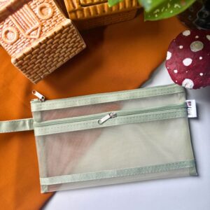 Minimalist neutral pouch with two chain details, everyday accessory pouch for makeup, stationery, or small essentials.