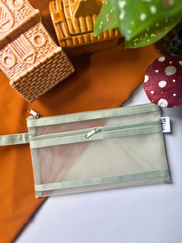 Minimalist neutral pouch with two chain details, everyday accessory pouch for makeup, stationery, or small essentials.