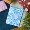 Blue Moroccan tile memopad featuring an intricate geometric mosaic pattern in rich blue tones, aesthetic patterned notepad design.