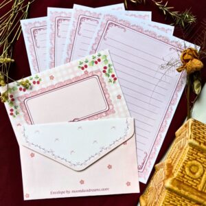 Vintage themed letter set with 4 printed letter sheets and 2 matching printed envelopes featuring ornate, fairy tale-inspired illustrations.