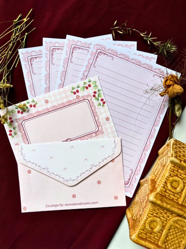 Vintage themed letter set with 4 printed letter sheets and 2 matching printed envelopes featuring ornate, fairy tale-inspired illustrations.