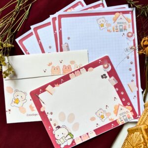Cute bear-themed letter set with 4 printed letter sheets and 2 matching printed envelopes featuring illustrated bear designs.