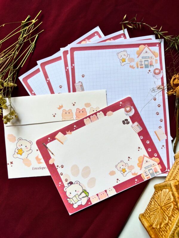 Cute bear-themed letter set with 4 printed letter sheets and 2 matching printed envelopes featuring illustrated bear designs.