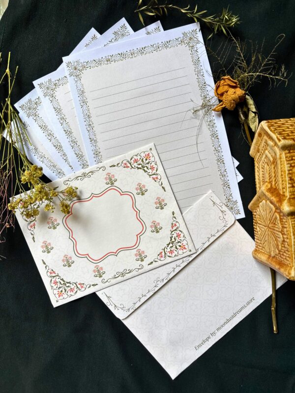 Once Upon a Time vintage letter set with 4 printed letter sheets and 2 matching printed envelopes featuring ornate gold crests and fairy tale-inspired baroque details.