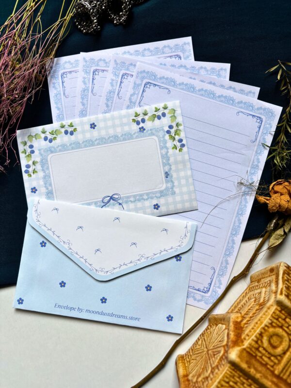 Vintage princess-themed letter set with 4 printed letter sheets and 2 matching printed envelopes featuring ornate, fairy tale-inspired illustrations.