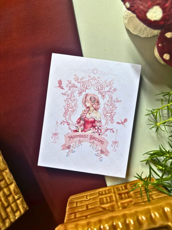 Princess-themed memopad featuring soft pastel illustrations with crowns and fairytale-inspired details, aesthetic pink notepad design.