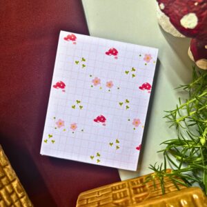 Mushroom pink checkered memopad featuring cute mushroom illustrations on a pastel pink checkered background, cottagecore aesthetic notepad design.