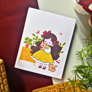 Cute memopad featuring an illustrated girl gently holding a cat, aesthetic notepad design for cat lovers.