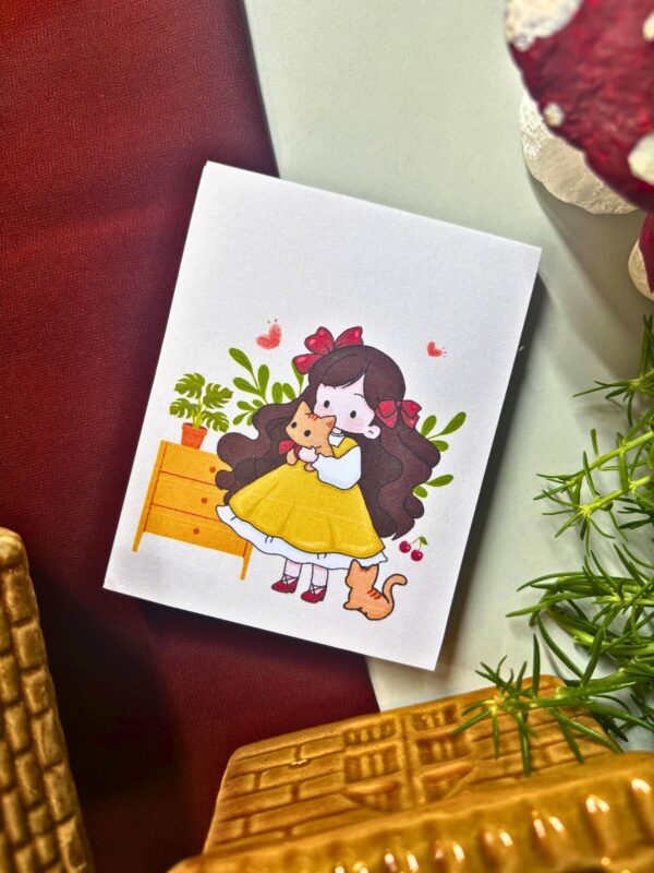 Cute memopad featuring an illustrated girl gently holding a cat, aesthetic notepad design for cat lovers.