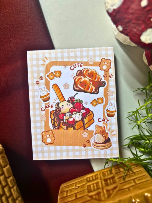 Bear Café memopad featuring cute illustrated bear with sweet treats like honey, pancakes, and donuts, aesthetic food-themed notepad design.
