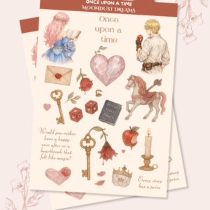 Once Upon a Time sticker pack with vintage fairytale illustrations of a princess and prince, an apple, candles, and letters