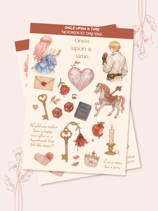 Once Upon a Time sticker pack with vintage fairytale illustrations of a princess and prince, an apple, candles, and letters