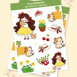 Spring Garden sticker pack with cute yellow and green illustrations of a girl in a yellow dress holding a cat