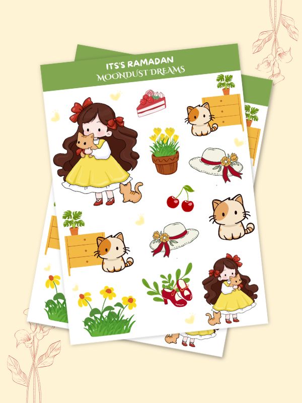 Spring Garden sticker pack with cute yellow and green illustrations of a girl in a yellow dress holding a cat